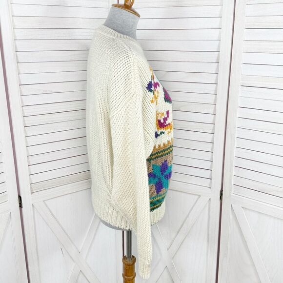 Vintage Rafferty 80s 90s Floral Chunky Knit Sweater Ivory Large Crewneck - Picture 3 of 11